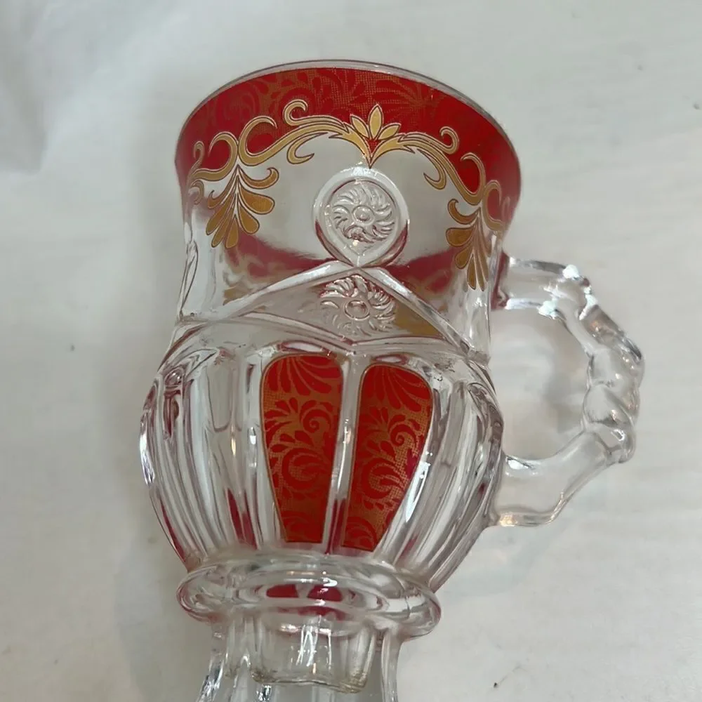 Bohemian Pressed Glass Mug 6 Oz 5 In Tall 2 3/4 In Round Red Gold Set Of 2